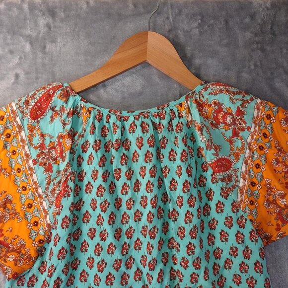 Boho Floral Mixed Print Tunic Top Orange & Teal Short Sleeve Festival Style - Picture 4 of 9